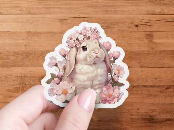 Lop Bunny Sticker with Floral Crown - Rabbit Decal for Planner, Laptop, Water-Bottle, Easter-Spring Decor