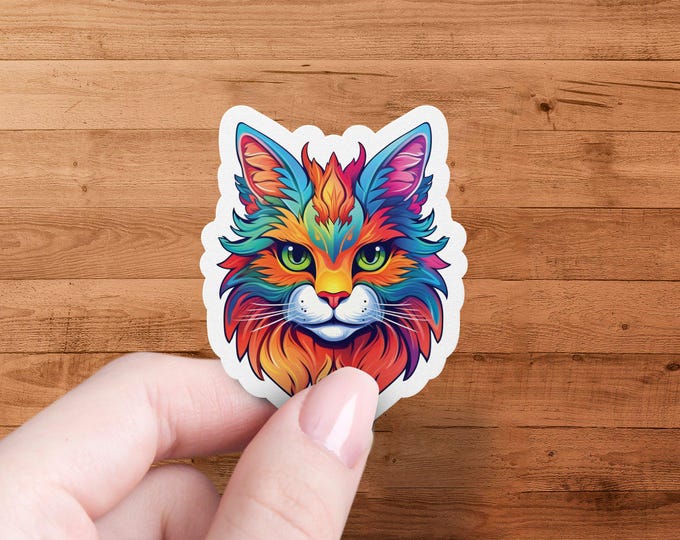 Rainbow Cat Face Sticker: Vibrant Feline Art Decal