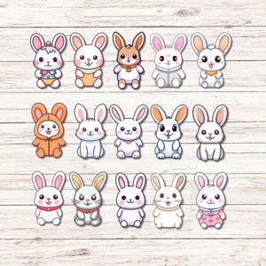 Confezione da 15 adesivi coniglietto Kawaii, decalcomanie animali carini per scrapbooking, diario e artigianato, set di adesivi in vinile adesivo per accessori per agenda