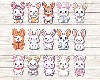 15 Pack Kawaii Bunny Stickers, Cute Animal Decals Scrapbooking, Journaling, and Crafts, Adhesive Vinyl Sticker Set for Planner Accessories