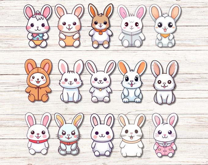15 Pack Kawaii Bunny Stickers, Cute Animal Decals Scrapbooking, Journaling, and Crafts, Adhesive Vinyl Sticker Set for Planner Accessories