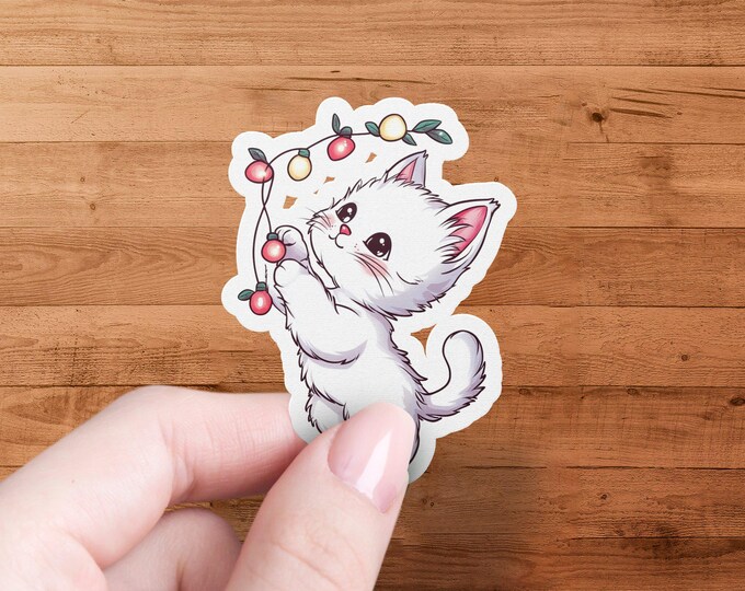 Cute Kitten with Christmas Lights Sticker, Kawaii Cat Illustrated Decal, Die Cut Waterproof Vinyl Sticker for Laptops and Journals