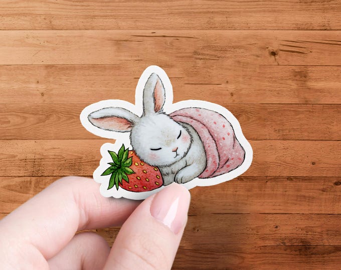 Sleeping Bunny Strawberry Sticker Kawaii Rabbit Art for Laptop Planner Water-Bottle Peaceful Pink Design