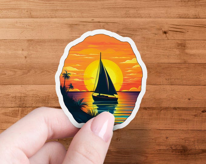 Vibrant sunset sailboat sticker, beach sunset decal, tropical boat sticker, waterproof outdoor stickers, nature scene sticker