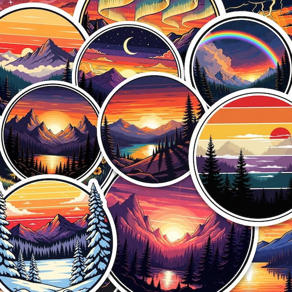 Mountain Landscape Sticker Pack 15pcs Glossy Vinyl Nature Sunset Lake Decals