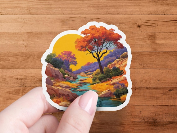 Autumn River Landscape Sticker: Colorful Sunset Scene