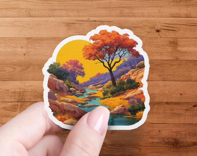 Autumn River Sticker, Landscape Sticker, Nature Stickers, Sunset Sticker, Peaceful Scene Sticker, Scenic Sticker, Colorful Art Sticker