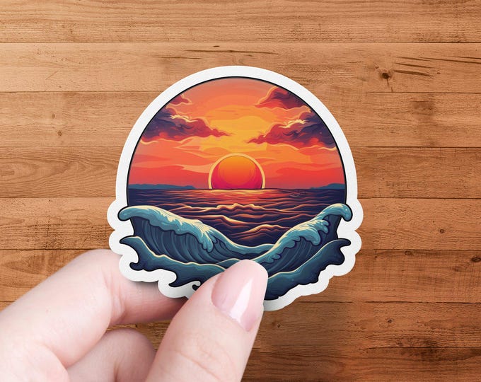 Sunset Ocean Waves Sticker, Coastal Beach Art Vinyl Decal, Sunrise Sea Scene, Perfect for Laptops Water Bottles Notebooks Phones