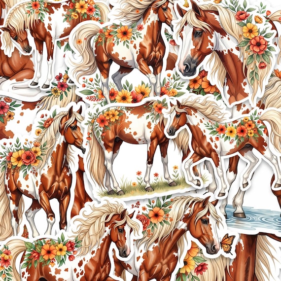 Floral Horse Sticker Pack 15 Glossy Die Cut Horse Stickers for Laptop Water Bottle