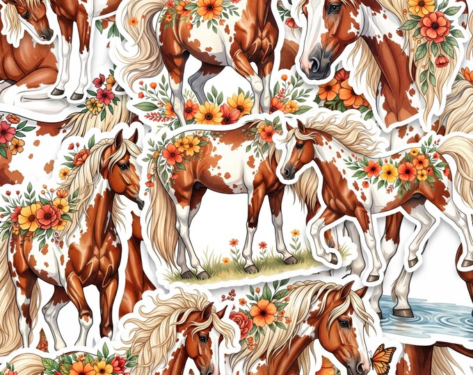 Floral Horse Sticker Pack 15 Glossy Die Cut Horse Stickers for Laptop Water Bottle