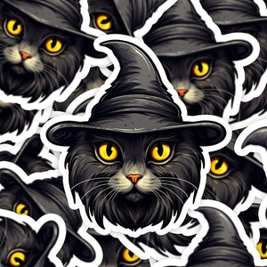 Halloween schwarze Katze im Hexenhut, mystischer gelbäugiger Katzenaufkleber, wunderliches witchy Dekor, gruseliger Aufkleber für Laptops, Notebooks