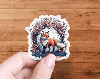 Cute Fox Sticker, Cherry Blossom Arch, Whimsical Animal Decal, Nature Illustration, Forest Animal Art, Laptop and Water Bottle Sticker