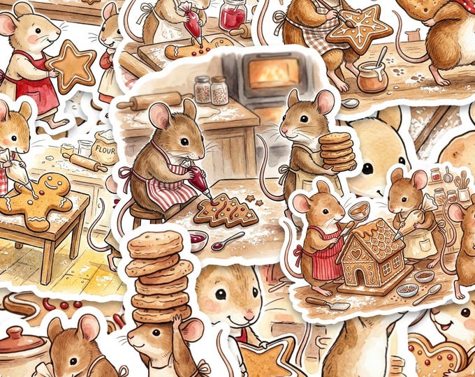 Christmas Mouse Stickers, Gingerbread Baking, 15 Pack, 2 Inch Vinyl