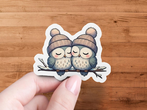 Owl Couple Glossy Die-Cut Sticker Cozy Winter Illustration Kawaii Animal Art Laptop Decor Gift