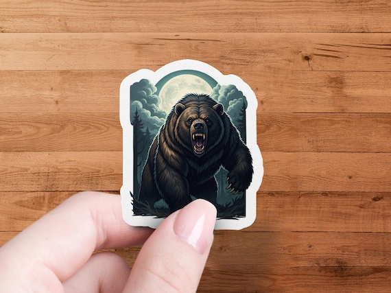 Roaring Bear Vinyl-Sticker Glossy Die-Cut Wildlife Moon-Illustration Animal Art-Forest-Nature Gift Laptop Water Bottle Dark