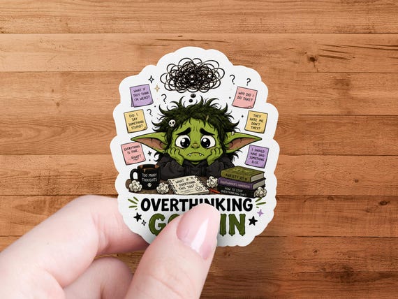 Overthinking Goblin Sticker, Anxiety Vinyl Decal, Mental Health Laptop Kindle Water Bottle Sticker