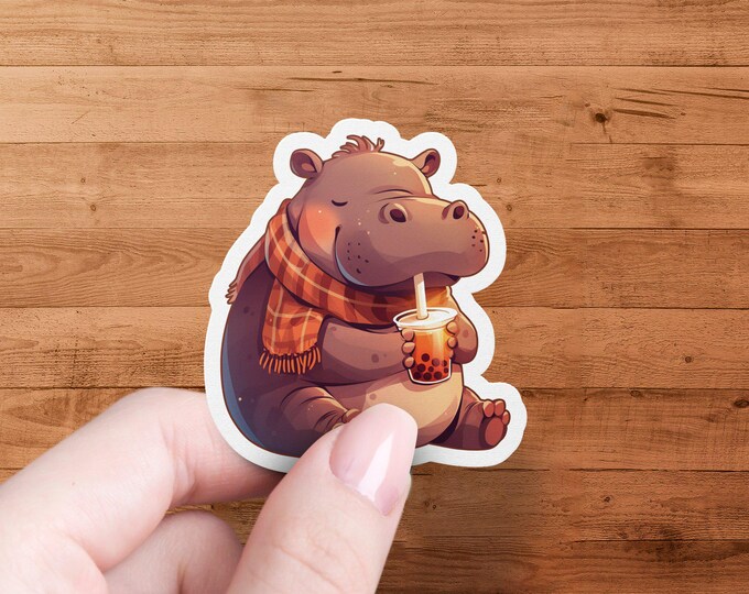 Adorable Hippo Bubble Tea Sticker, Cute Animal Sticker for Laptop, Water Bottle Decal, Fun Stickers for Kids, Waterproof and Laminated