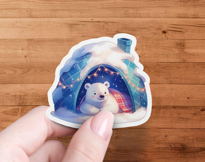 Cute Polar Bear Sticker, Cozy Winter Igloo Sticker, Adorable Animal Sticker for Laptop, Water Bottle Sticker, Cute Polar Bear Decal