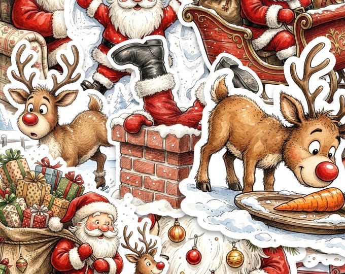 15 Piece Christmas Sticker Pack, 2 Inch Glossy Vinyl Santa & Reindeer Stickers