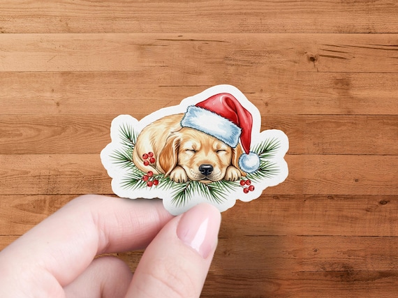 Christmas Puppy Glossy Sticker with Santa Hat