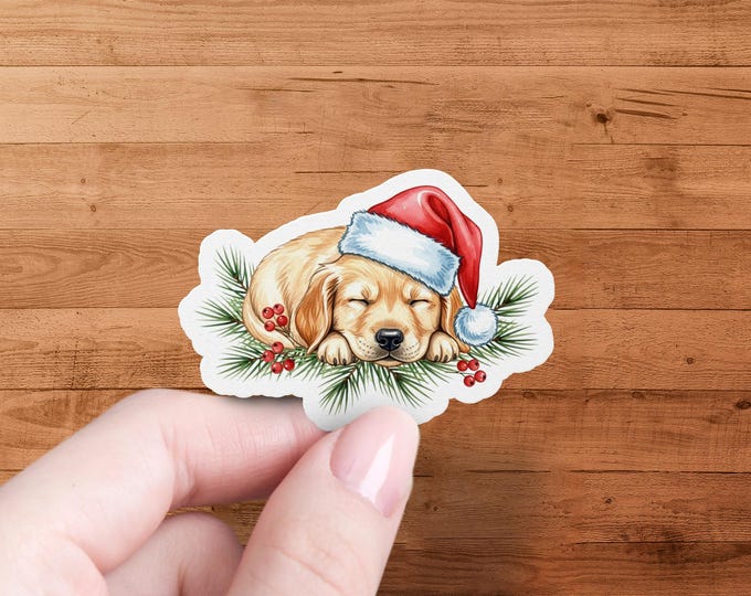 Christmas Puppy Glossy Sticker with Santa Hat