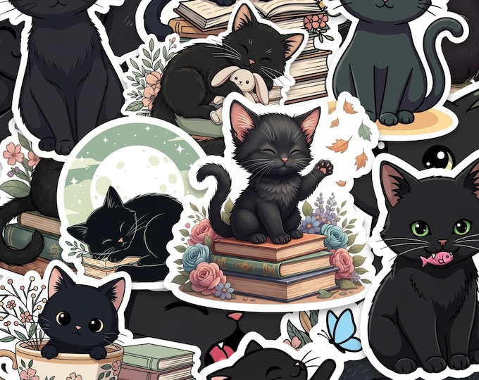 Black Cat Bookish Sticker Pack - Glossy Vinyl 2-Inch 15-pack Reading Decals for Laptop-Planner Journal