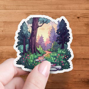 Adesivo per paesaggio naturale del sentiero forestale, decalcomania artistica del paesaggio boschivo, illustrazione della natura per computer portatili, bottiglie d'acqua, diari