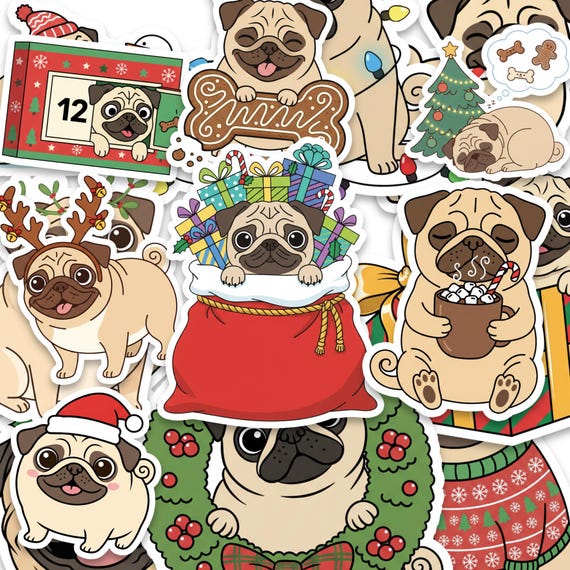 Christmas Pug Sticker Pack – 15pcs Dog Holiday Stickers for Journals, Gifts, and Scrapbooking