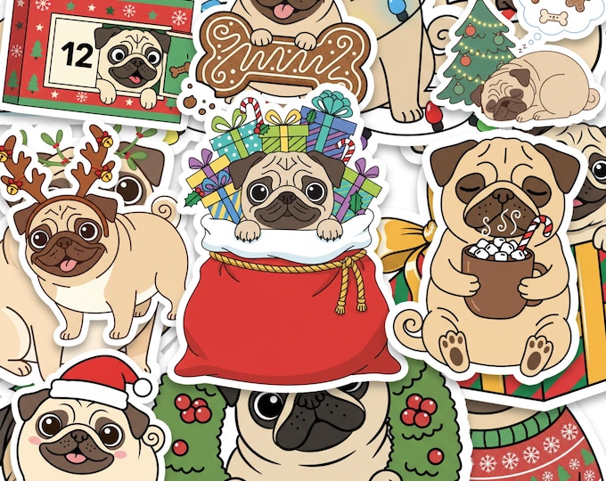 Christmas Pug Sticker Pack – 15pcs Dog Holiday Stickers for Journals, Gifts, and Scrapbooking