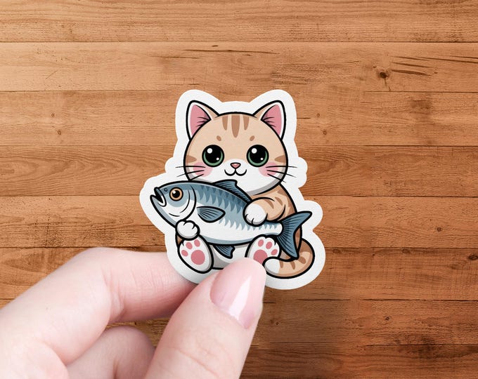 Cute Tabby Cat Holding Fish Sticker, Kawaii Animal Art Decal, Cartoon Pet Lover Gift, Whimsical Illustration Stickers