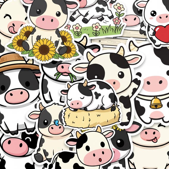 Cow Sticker Pack Glossy Vinyl Farm Animal Kawaii Cartoon Decal Set