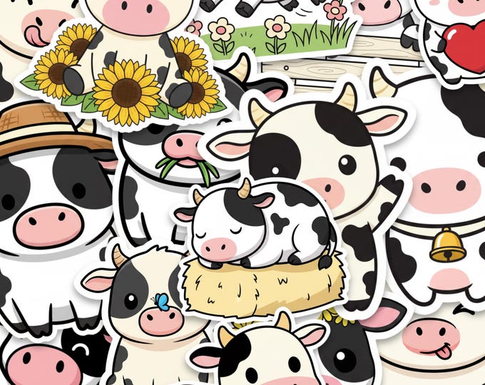 Cow Sticker Pack Glossy Vinyl Farm Animal Kawaii Cartoon Decal Set