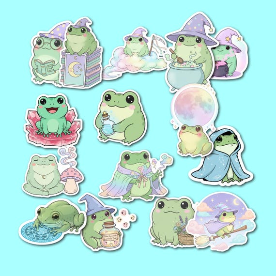 Witchy Frog Sticker Pack – 15 Kawaii Spellcaster Frogs for Journals, Laptops, Gifts