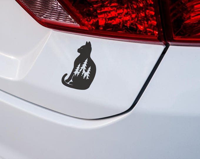 Cat with Forest Vinyl Decal, Nature Inspired Car Sticker, Animal Wall Decor, Forest Scene, Cute Cat Vinyl Art, Gift for Animal Lovers