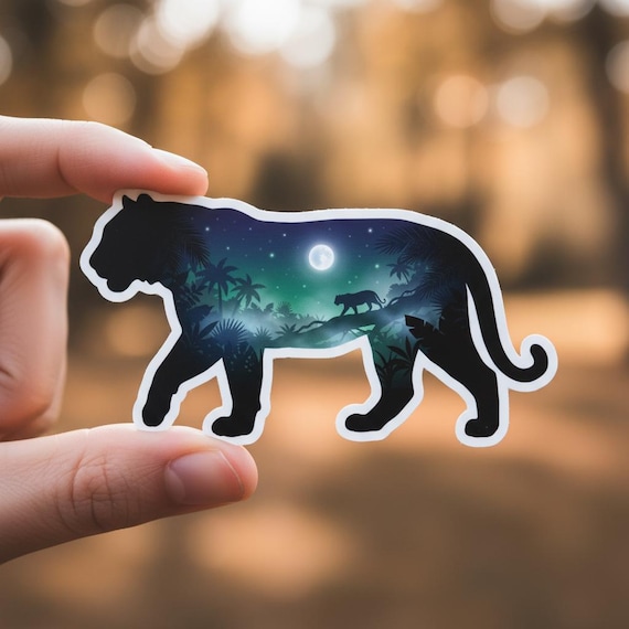 Glossy Tiger Silhouette Sticker with Moonlit Jungle Art