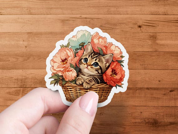 Kitten in Floral Basket Sticker - Adorable Cat Decal, Whimsical Animal-Art, Kawaii Pet-Gift for Laptop