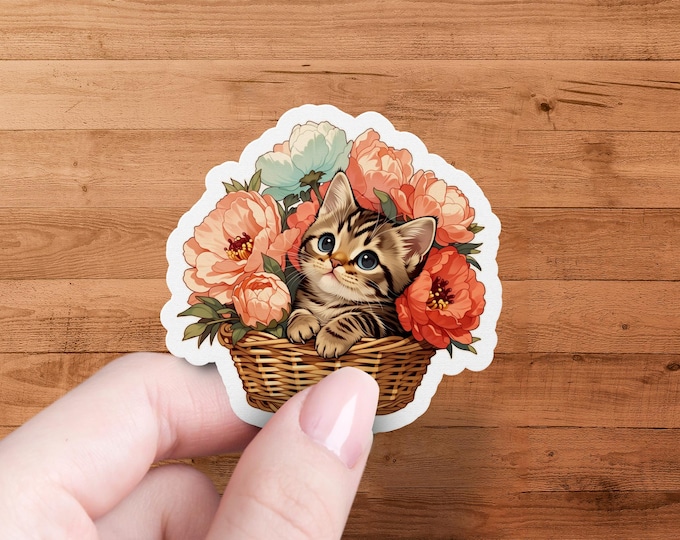 Kitten in Floral Basket Sticker - Adorable Cat Decal, Whimsical Animal-Art, Kawaii Pet-Gift for Laptop