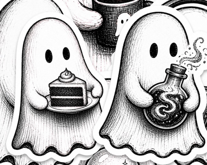 Glossy Black and White Halloween Ghost Sticker Pack, 10 Piece 2 Inch Set