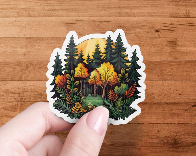 Autumn Forest Sticker, Nature Outdoor Decal, Fall Woods Vinyl Sticker, Tree Line Illustration, Autumn Leaves Sticker
