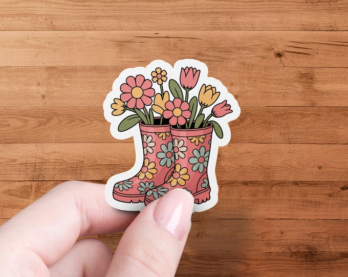 Weatherproof Floral Rain Boots Vinyl Sticker - Spring Flower Decal for Laptop Water Bottle Planner