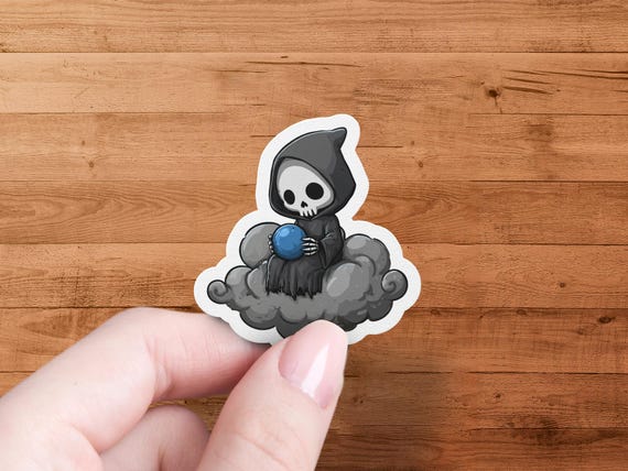 Cute Grim Reaper Sticker, Cloud Sticker, Blue Orb Sticker, Kawaii Death Sticker, Laptop Decal, Funny Sticker, Vinyl Sticker