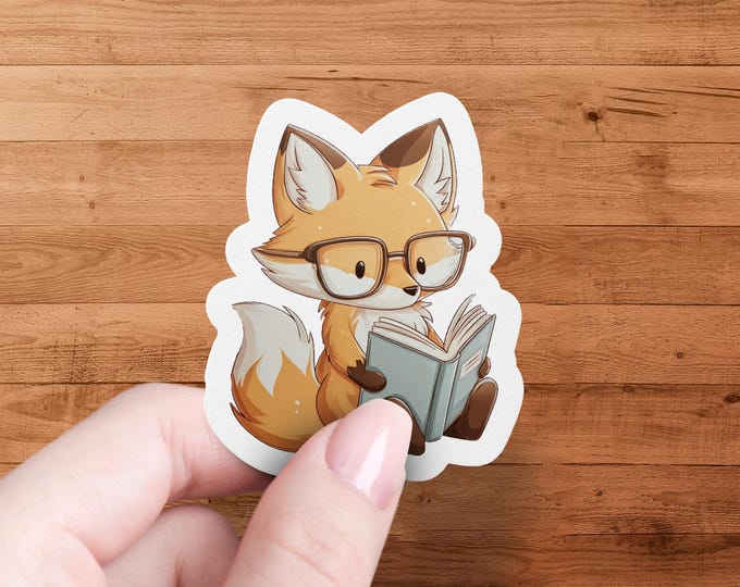 Fox Sticker, Reading Book, Cute Animal Decal, Kawaii Sticker