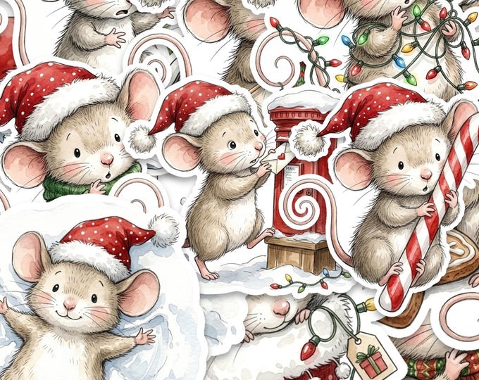 Christmas Mouse Stickers, 15 Pack, 2 Inch Glossy Vinyl, Watercolour Winter Animals