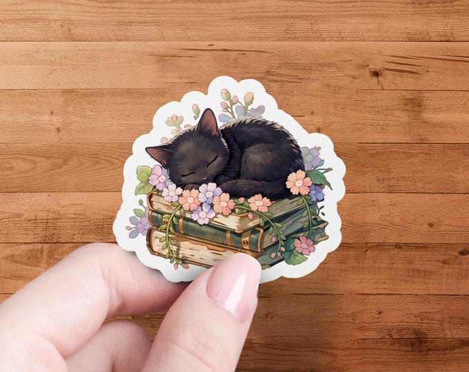 Black Cat Reading Sticker Glossy Die Cut Floral Book Lover Decal