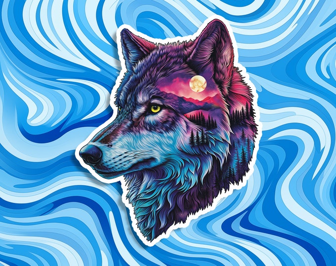 Moonlit Blue Wolf Head Sticker: Nature-Inspired Vinyl Decal