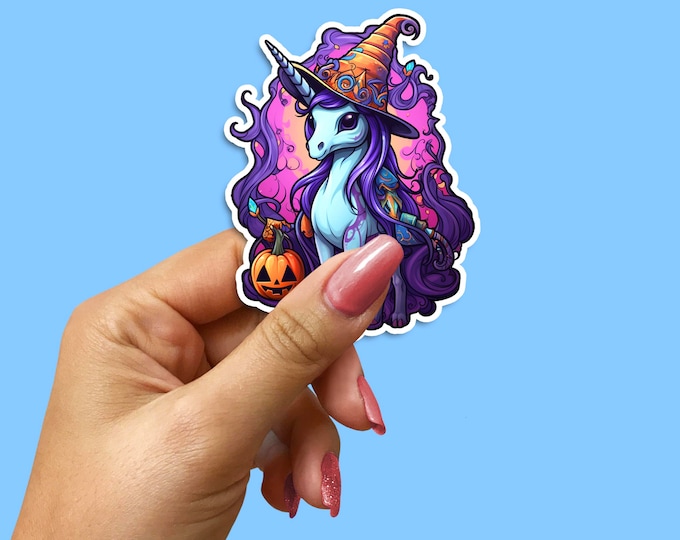 Unicorn Witch Vinyl Sticker - Cute Halloween Decor, Laptop Decal, Water Bottle Sticker, Magical Witchy Unicorn Gift