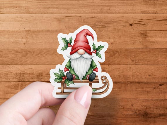 Glossy Christmas Gnome Sticker with Sled and Holly Die Cut