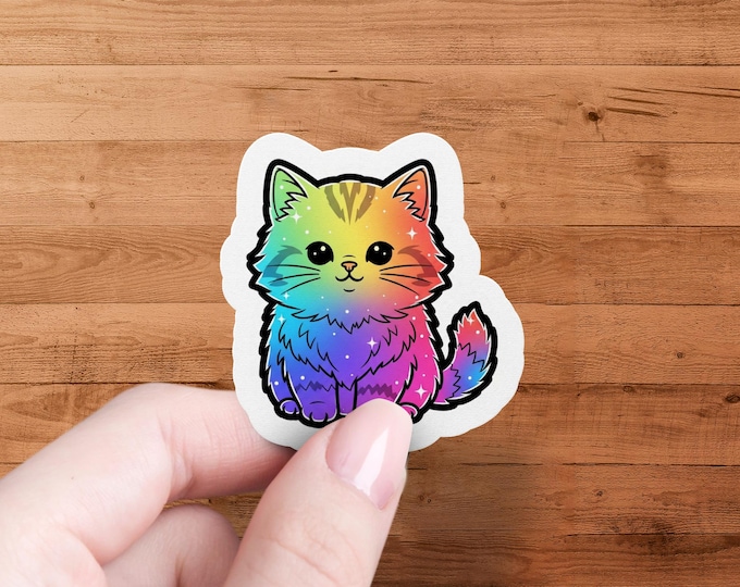 Rainbow Cat Glossy Die Cut Sticker - Colorful Animal Art Kawaii Laptop Decor Gift
