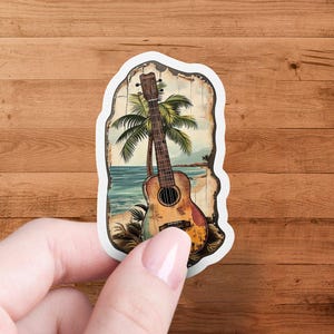 Vintage gitaar strand sticker, sticker tropische muziekliefhebber, rustieke eilandsfeer, muzikant cadeau, boho strandkunst, retro surfsticker