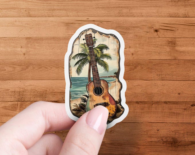 Vintage Guitar Beach Sticker, Tropical Music Lover Decal, Rustic Island Vibe, Musician Gift, Boho Beach Art, Retro Surf Sticker